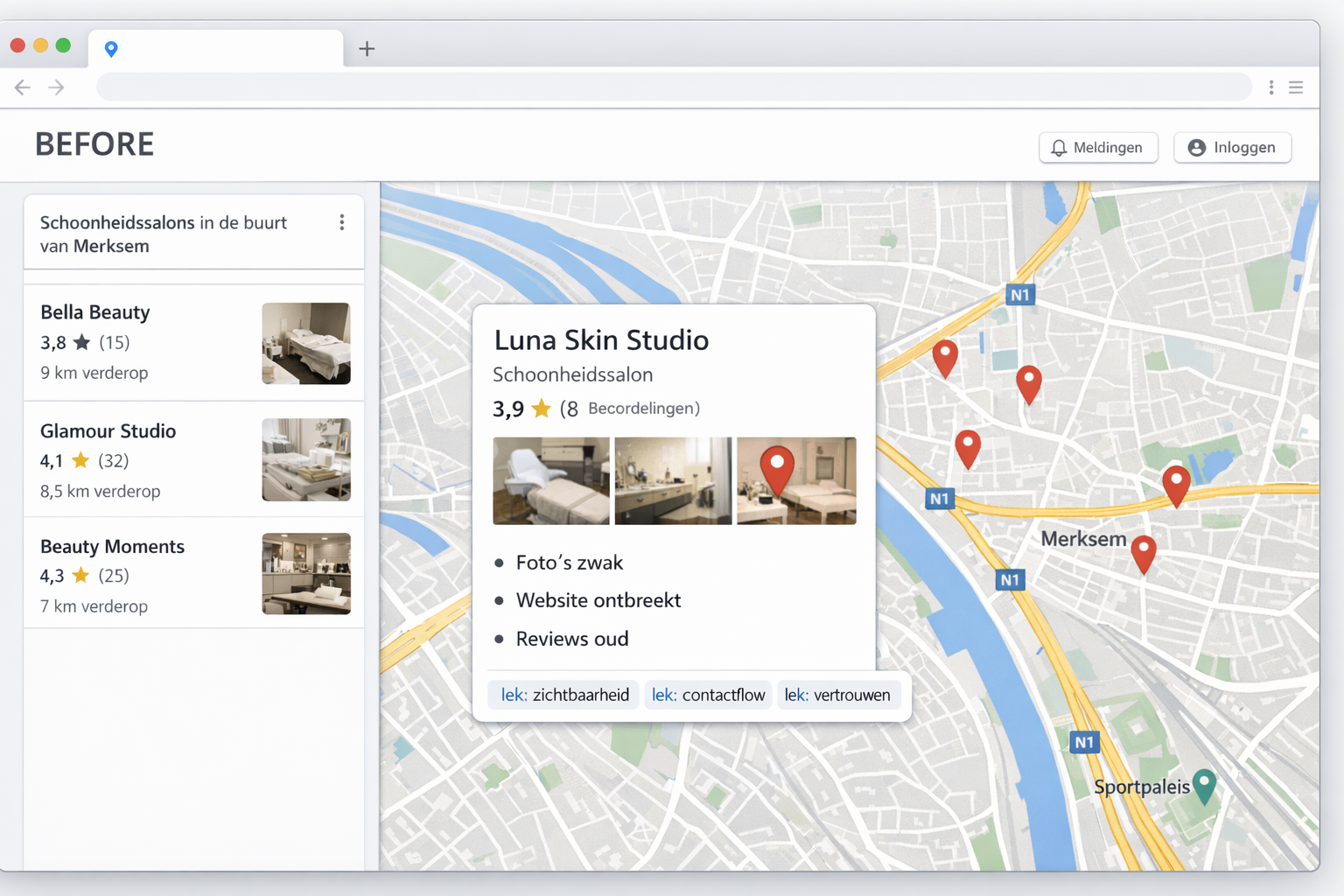 Fictieve Google Maps before visual van een zwak GBP-profiel